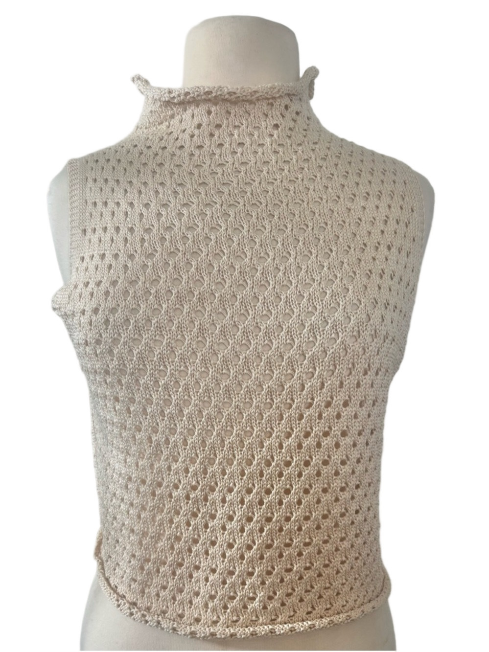 Savannah Morrow Sleeveless Crochet Turtleneck Top in Light Beige